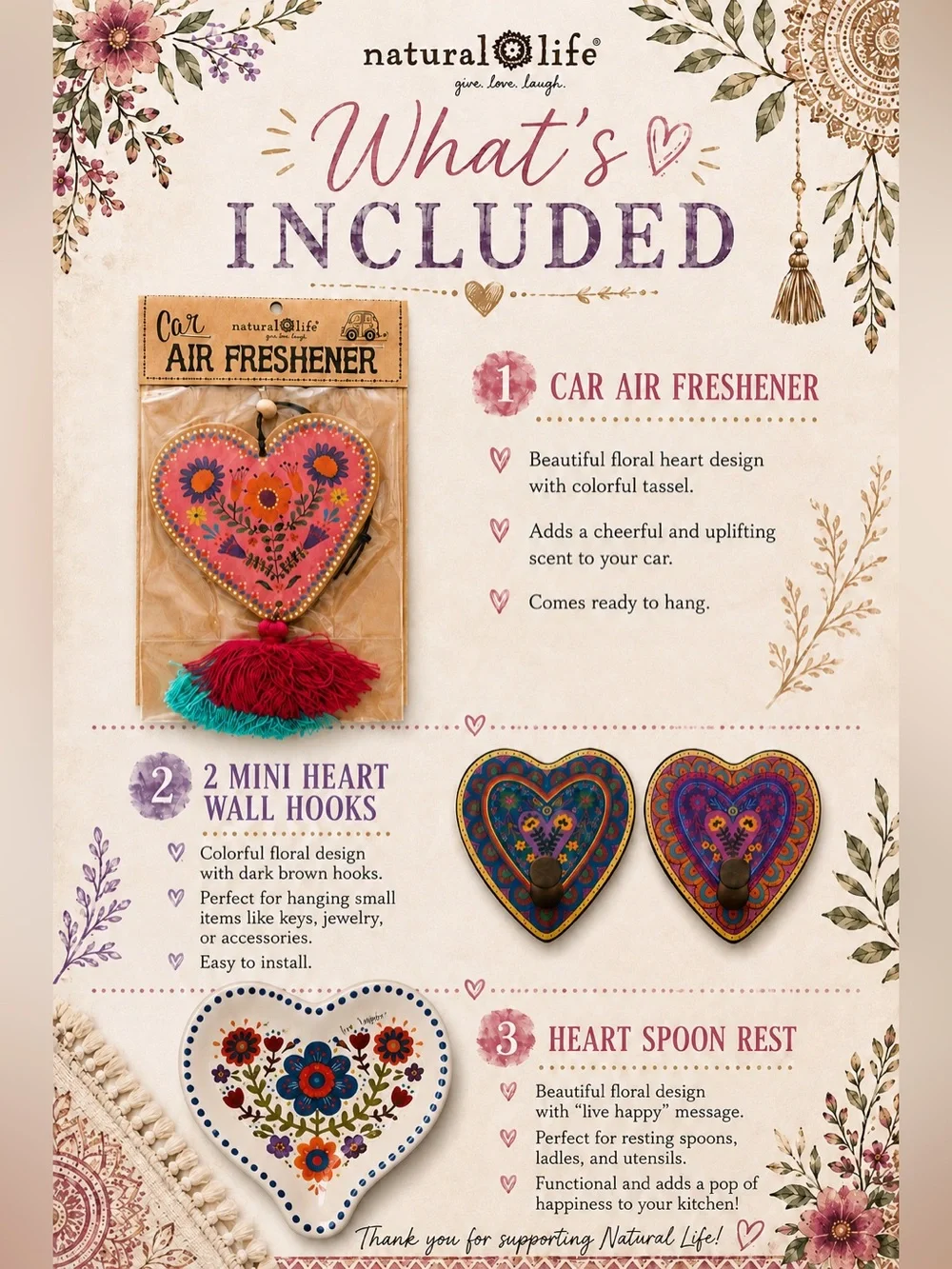 Natural Life Boho Heart Bundle Air Freshener Wall Hooks Spoon Rest